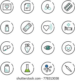 line vector icon set - first aid kit vector, patient card, pills, blister, bottle, medical patch, heart beat, hospital bed, liver, eye, virus, flask, molecule, forceps
