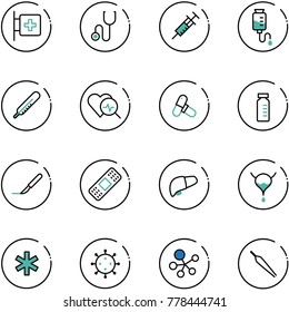 line vector icon set - first aid room vector, stethoscope, syringe, drop counter, thermometer, heart diagnosis, pills, vial, scalpel, medical patch, liver, bladder, ambulance star, virus, molecule