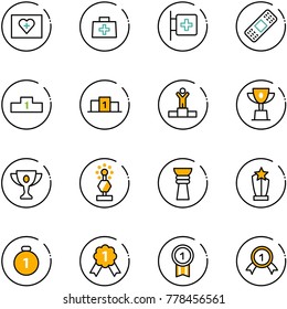 line vector icon set - first aid kit vector, doctor bag, room, medical patch, pedestal, winner, win cup, gold, award, medal