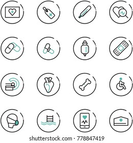 line vector icon set - first aid kit vector, medical label, thermometer, heart diagnosis, pills, drop counter, patch, mri, broken bone, disabled, mask, pool, mobile monitor, doctor hat