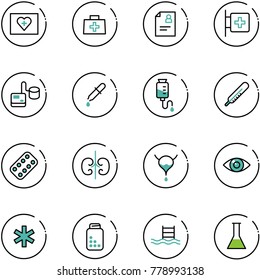 line vector icon set - first aid kit vector, doctor bag, patient card, room, tonometer, pipette, drop counter, thermometer, pills blister, kidneys, bladder, eye, ambulance star, bottle, pool, flask