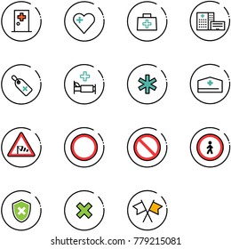 line vector icon set - first aid room vector, heart, doctor bag, hospital building, medical label, bed, ambulance star, hat, side wind road sign, prohibition, no pedestrian, shield cross, delete