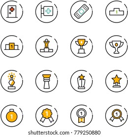 line vector icon set - first aid room vector, medical patch, pedestal, winner, win cup, gold, award, medal