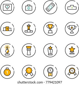 line vector icon set - first aid kit vector, doctor bag, medical patch, pedestal, winner, win cup, gold, award, medal
