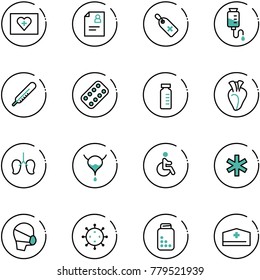 line vector icon set - first aid kit vector, patient card, medical label, drop counter, thermometer, pills blister, vial, heart, lungs, bladder, disabled, ambulance star, mask, virus, bottle