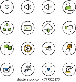 line vector icon set - first aid kit vector, volume medium, off, user password, social, mail, download cloud, dislike, flag, dollar, pool, kite, wireless, wi fi router, record button, drill