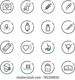 line vector icon set - first aid kit vector, stethoscope, syringe, pipette, pills, drop counter, bottle, scalpel, medical patch, heart beat, stomach, bladder, mask, pool, pulse clipboard, doctor hat