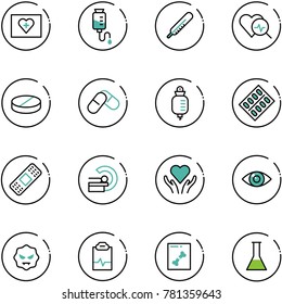 line vector icon set - first aid kit vector, drop counter, thermometer, heart diagnosis, pill, pills, blister, medical patch, mri, care, eye, virus, pulse clipboard, x ray, flask