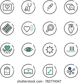 line vector icon set - first aid kit vector, stethoscope, pipette, heart diagnosis, pills blister, beat, bacteria, care, eye, virus, pool, pulse clipboard, doctor hat, x ray, molecule