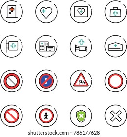 line vector icon set - first aid room vector, heart, kit, doctor bag, hospital building, bed, hat, prohibition road sign, no parkin odd, side wind, pedestrian, shield cross, delete