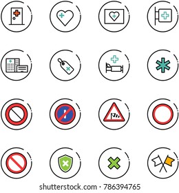line vector icon set - first aid room vector, heart, kit, hospital building, medical label, bed, ambulance star, prohibition road sign, no parkin odd, side wind, shield cross, delete, flags