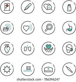 line vector icon set - first aid room vector, thermometer, heart diagnosis, pills bottle, mri, beat, bacteria, stomach, lungs, care, medical mask, virus, pool, doctor hat, forceps