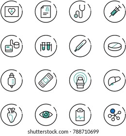 line vector icon set - first aid kit vector, patient card, stethoscope, syringe, tonometer, vial, thermometer, pill, drop counter, medical patch, mri, liver, heart, eye, pulse clipboard, molecule