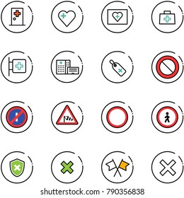 line vector icon set - first aid room vector, heart, kit, doctor bag, hospital building, medical label, prohibition road sign, no parkin odd, side wind, pedestrian, shield cross, delete, flags