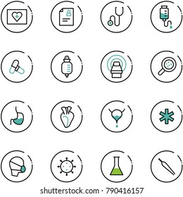 line vector icon set - first aid kit vector, patient card, stethoscope, drop counter, pills, mri, bacteria, stomach, heart, bladder, ambulance star, medical mask, virus, flask, forceps