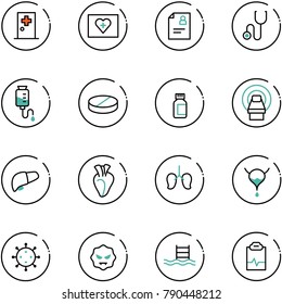 line vector icon set - first aid room vector, kit, patient card, stethoscope, drop counter, pill, pills bottle, mri, liver, heart, lungs, bladder, virus, pool, pulse clipboard