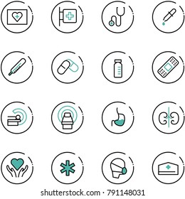 line vector icon set - first aid kit vector, room, stethoscope, pipette, thermometer, pills, vial, medical patch, mri, stomach, kidneys, heart care, ambulance star, mask, doctor hat