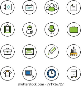 line vector icon set - first aid room vector, schedule, group, document, clipboard, manager, office chair, case, portfolio, highlight marker, bank building, t shirt, monoblock pc, clock