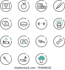line vector icon set - first aid kit vector, apple, hospital building, thermometer, heart diagnosis, pill, barbell, mri, bed, kidneys, abdominal muscles, broken bone, tooth brush, drop hand