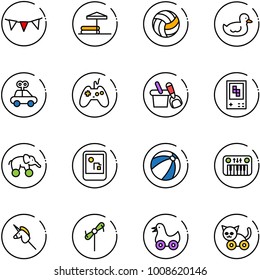 line vector icon set - flag garland vector, inflatable pool, volleyball, duck toy, car, joystick, shovel bucket, game console, elephant wheel, beach ball, piano, unicorn stick, windmill, cat