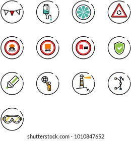 line vector icon set - flag garland vector, drop counter, lemon slice, round motion road sign, no dangerous cargo, truck overtake, shield check, highlight marker, world, lighthouse, bezier