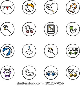line vector icon set - flag garland vector, ball, badminton, teethers, horse stick toy, wheel, game console, caterpillar, beach, wirligig, unicorn, bus, monster, duck, car, cat