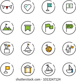 line vector icon set - flag garland vector, heart, dollar, attainment, ipo, win, mountain, moon, pennant, sailboat toy