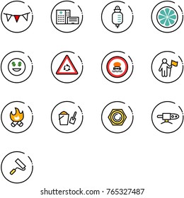 line vector icon set - flag garland vector, hospital building, drop counter, lemon slice, dollar smile, round motion road sign, no dangerous cargo, win, fire, bucket scoop, nut, pipe welding