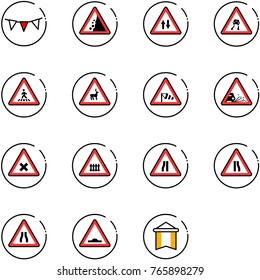 line vector icon set - flag garland vector, landslide road sign, oncoming traffic, slippery, pedestrian, wild animals, side wind, gravel, railway intersection, narrows, artificial unevenness