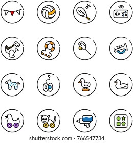 line vector icon set - flag garland vector, volleyball, badminton, joystick wireless, dinosaur toy, teethers, horse stick, horn, yoyo, duck, cat, water gun, cube hole