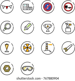 line vector icon set - flag garland vector, hospital building, no parkin odd, trailer road sign, magnifier, highlight marker, gold cup, win, pennant, parasol, lighthouse, saw, nut