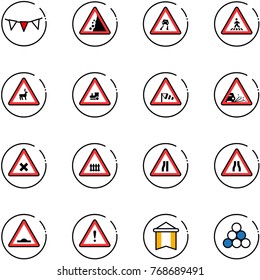 line vector icon set - flag garland vector, landslide road sign, slippery, pedestrian, wild animals, railway intersection, side wind, gravel, narrows, artificial unevenness, attention, pennant