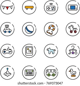 line vector icon set - flag garland vector, skateboard, joystick wireless, game console, car toy, ball, teethers, wheel horse, gamepad, baby carousel, wirligig, piano, bus, duck