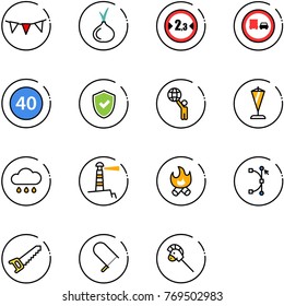 line vector icon set - flag garland vector, onion, limited width road sign, no truck overtake, minimal speed limit, shield check, world, pennant, rain cloud, lighthouse, fire, bezier, saw, fretsaw
