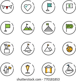 line vector icon set - flag garland vector, heart, dollar, attainment, pyramid, ipo, win, mountain, moon, pennant, sailboat toy