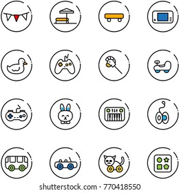 line vector icon set - flag garland vector, inflatable pool, skateboard, game console, duck toy, joystick, horse stick, baby car, gamepad, rabbit, piano, yoyo, bus, cat, cube hole