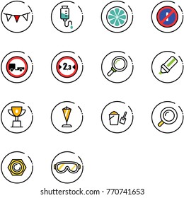 line vector icon set - flag garland vector, drop counter, lemon slice, no parkin odd, trailer road sign, limited width, magnifier, highlight marker, win cup, pennant, bucket scoop, nut