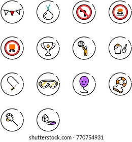 line vector icon set - flag garland vector, onion, no left turn road sign, dangerous cargo, gold cup, world, bucket scoop, fretsaw, protective glasses, balloon smile, teethers, horse stick toy