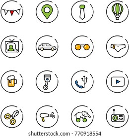 line vector icon set - flag garland vector, map pin, tie, air balloon, tv news, limousine, sunglasses, swimsuit, beer, piston, phone, playback, scissors, dryer, elephant wheel, radio