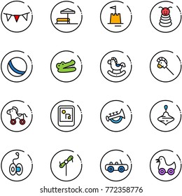 line vector icon set - flag garland vector, inflatable pool, sand castle, pyramid toy, ball, crocodile, rocking horse, stick, wheel, game console, horn, wirligig, yoyo, windmill, car, duck