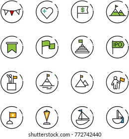 line vector icon set - flag garland vector, heart, dollar, attainment, pyramid, ipo, win, mountain, pennant, sailboat toy