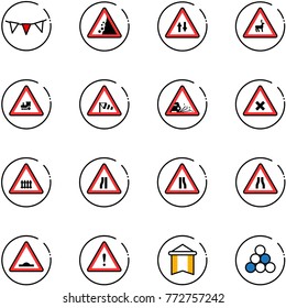 line vector icon set - flag garland vector, landslide road sign, oncoming traffic, wild animals, railway intersection, side wind, gravel, narrows, artificial unevenness, attention, pennant
