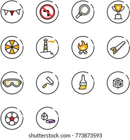 line vector icon set - flag garland vector, no left turn road sign, magnifier, win cup, parasol, lighthouse, fire, saw, protective glasses, paint roller, brush, cube toy, soccer ball