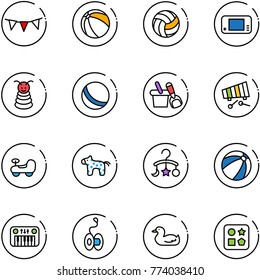 line vector icon set - flag garland vector, ball, volleyball, game console, pyramid toy, shovel bucket, xylophone, baby car, horse, carousel, beach, piano, yoyo, duck, cube hole