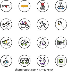 line vector icon set - flag garland vector, skateboard, pyramid toy, car, dinosaur, shovel bucket, rocking horse, stick, xylophone, elephant wheel, baby carousel, piano, yoyo, bus, monster