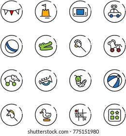 line vector icon set - flag garland vector, sand castle, game console, car toy, ball, crocodile, horse stick, wheel, elephant, horn, caterpillar, beach, unicorn, duck, Tic tac toe, cube hole