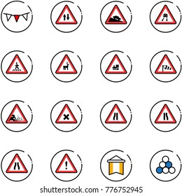 line vector icon set - flag garland vector, oncoming traffic road sign, steep descent, slippery, pedestrian, wild animals, railway intersection, side wind, gravel, narrows, attention, pennant