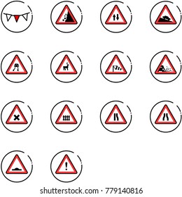 line vector icon set - flag garland vector, landslide road sign, oncoming traffic, steep descent, slippery, wild animals, side wind, gravel, railway intersection, narrows, artificial unevenness