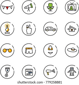 line vector icon set - flag garland vector, telescope, office chair, tv news, award, victory, limousine, home, sunglasses, swimsuit, woman hat, piston, terms plan, dryer, robot