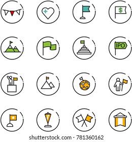 line vector icon set - flag garland vector, heart, dollar, attainment, pyramid, ipo, win, mountain, moon, pennant, flags cross